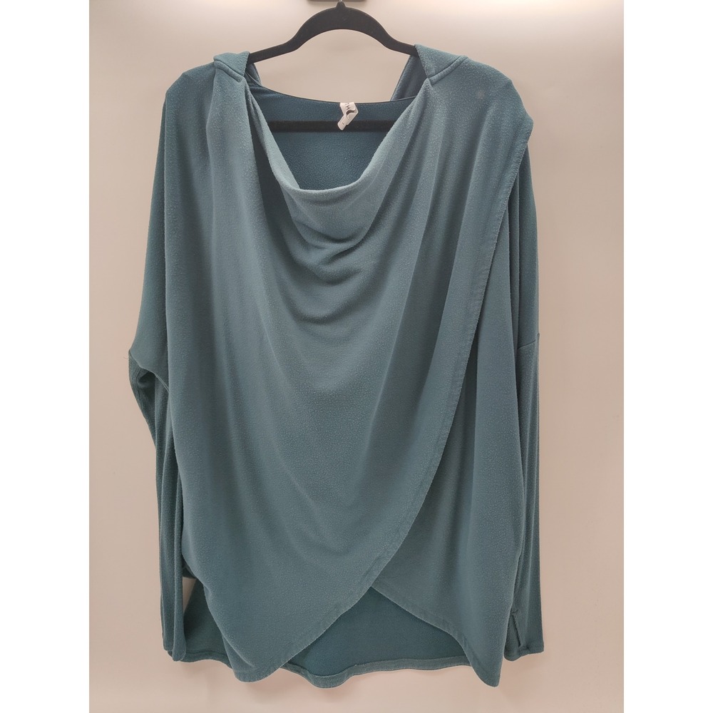Athleta Womens Large Teal Blue Modal Fleece Wrap Cowl Neck Hoodie Thumbholes